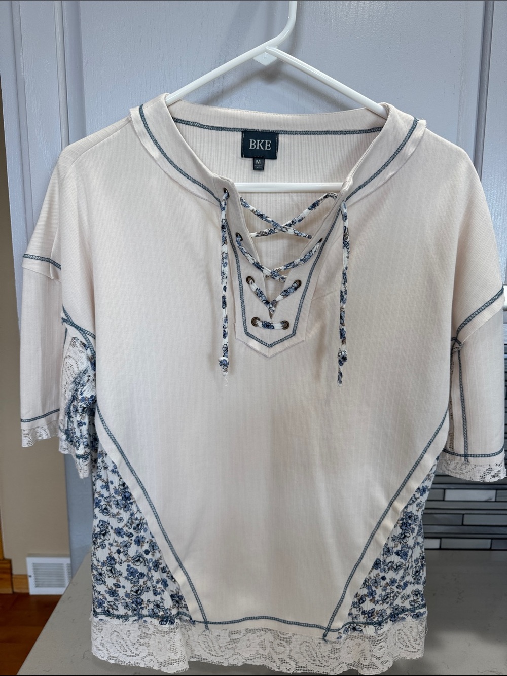 BKE Cream Lace-Up Tunic with Blue Floral Insets